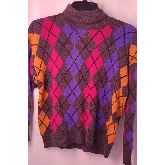 VTG Jeanne Pierre Argyle Turtleneck Sweater Size M Gray Fuschia Lambswool Angora - Picture 3 of 6